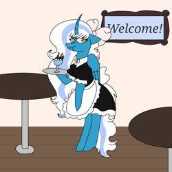 Size: 1280x1280 | Tagged: safe, artist:icydarkflame, oc, oc:fleurbelle, alicorn, pony, :t, alicorn oc, apron, bipedal, bow, cafe, clothes, dress, female, food, hair bow, horn, ice cream, maid, mare, tables, tray, wings, yellow eyes