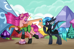 Size: 3481x2343 | Tagged: safe, artist:thomasray000, oc, oc only, oc:delusive rose, oc:moondrive, bat pony, pony, unicorn, rubronycon, bat pony oc, female, helmet, high res, horn, mare, mascot, unicorn oc