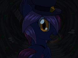 Size: 800x600 | Tagged: safe, artist:rangelost, oc, oc only, oc:moonflower, bat pony, pony, cyoa:d20 pony, bat pony oc, bust, cap, cave, female, hat, looking at you, looking back, looking back at you, mare, pixel art, rear view, solo, talking to viewer