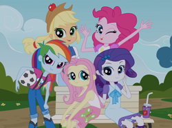 Size: 2342x1740 | Tagged: safe, edit, edited screencap, editor:damaged, screencap, applejack, fluttershy, pinkie pie, rainbow dash, rarity, equestria girls, g4, my little pony equestria girls, alternate hairstyle, apple, applejack's hat, ball, cowboy hat, cropped, female, food, football, freckles, hat, humane five, one eye closed, open mouth, park bench, tongue out, wink, younger