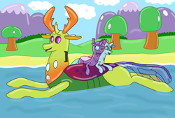 Size: 6480x4378 | Tagged: safe, artist:ltcolonelwhipper, artist:wolvinof, ocellus, thorax, oc, oc:cara, changedling, changeling, inflatable pony, pooltoy pony, g4, absurd resolution, air nozzle, changeling oc, floating, happy, inflatable, inflatable scenery, inflatable toy, king thorax, lake, macro, mountain, mountain range, papa thorax, pool toy, request, rubber, shiny, snuggling