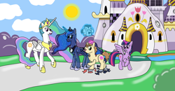 Size: 2226x1156 | Tagged: safe, artist:ltcolonelwhipper, artist:wolvinof, donut joe, princess celestia, princess luna, twilight sparkle, alicorn, inflatable pony, pony, pooltoy pony, unicorn, g4, air nozzle, canterlot, clothes, happy, human to pony, inflatable, inflatable scenery, magic, pool toy, request, ripping clothes, rubber, transformation, transformed, twilight sparkle (alicorn), welcome