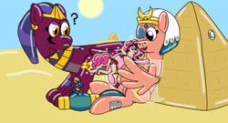 Size: 1280x691 | Tagged: safe, artist:ltcolonelwhipper, artist:wolvinof, pinkie pie, prince hisan, somnambula, the sphinx, earth pony, human, inflatable pony, pegasus, pooltoy pony, sphinx, g4, air nozzle, confused, desert, egyptian, egyptian pony, happy, hug, human to pony, inflatable, inflatable scenery, macro, magic, one eye closed, parade balloon, pool toy, pyramid, question mark, request, rubber, spell, transformation, wings