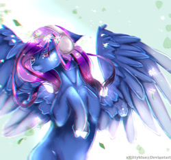 Size: 1280x1200 | Tagged: safe, artist:xkittyblue, oc, oc only, pegasus, pony, beautiful, blue pony, commission, feather, female, flower, flower in hair, flying, headphones, leaf, looking at you, purple eyes, purple mane, sky, solo, spread wings, sunlight, wings, ych result