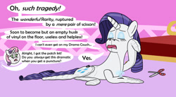 Size: 1280x714 | Tagged: safe, artist:wolvinof, rarity, sweetie belle, inflatable pony, pony, pooltoy pony, unicorn, series:deflation is magic, g4, air nozzle, carousel boutique, deflating, deflation, despair, drama queen, fainting couch, funny, inflatable, marshmelodrama, offscreen character, overdramatic, pool toy, puncture, rarity being rarity, sad, scissors