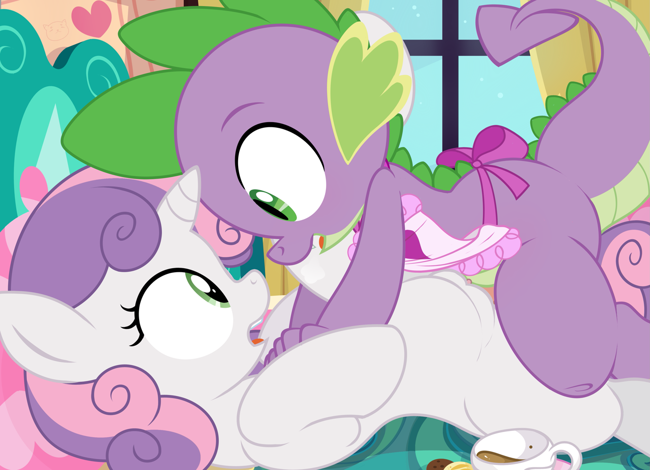 2603978 - explicit, artist:tricksta, spike, sweetie belle, dragon, pony,  unicorn, g4, apron, blushing, clitoris, clothes, cup, female, filly,  foalcon, high res, human vagina on pony, looking at each other, male,  nudity, penetration,