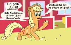 Size: 1280x803 | Tagged: safe, artist:wolvinof, apple bloom, applejack, earth pony, inflatable pony, pony, pooltoy pony, series:deflation is magic, g4, air nozzle, annoyed, applejack's hat, barn, calling, complaining, cowboy hat, deflated, deflating, deflation, hat, hay bale, inflatable, nails, pool toy, puncture, sweet apple acres
