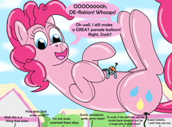 Size: 1280x946 | Tagged: safe, artist:wolvinof, pinkie pie, rainbow dash, earth pony, inflatable pony, pegasus, pony, pooltoy pony, series:deflation is magic, g4, air nozzle, breaking the fourth wall, comically missing the point, comments, confused, deflated, deflation, floating, giant pony, happy, helium inflation, hose, inflatable, inflating, inflation, macro, mistake, offscreen character, parade balloon, pinkie being pinkie, ponyville, pool toy, question mark