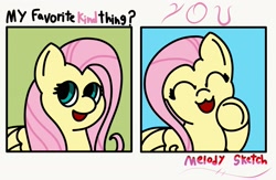 Size: 1659x1083 | Tagged: safe, artist:melodysketch, fluttershy, pegasus, pony, g4, ^w^, comic, cute, daaaaaaaaaaaw, fluttershy day, happy, no shading, pointing at you, shyabetes, simple background, solo, text, wholesome