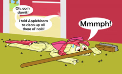 Size: 1280x781 | Tagged: safe, artist:wolvinof, apple bloom, applejack, earth pony, inflatable pony, pony, pooltoy pony, series:deflation is magic, g4, air nozzle, apple bloom's bow, barn, bow, broom, deflating, deflation, hair bow, helpless, inflatable, muffled words, nails, no bones, offscreen character, pool toy, puncture, stuck, sweat, sweatdrop, sweet apple acres, worried