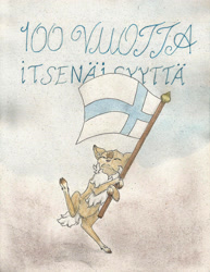Size: 1751x2268 | Tagged: safe, artist:cindertale, oc, oc only, oc:cinder, deer, chest fluff, cloven hooves, deer oc, eyes closed, finnish, flag, holding a flag, traditional art
