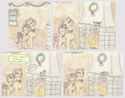 Size: 1902x1492 | Tagged: safe, artist:cindertale, oc, oc only, oc:cinder, deer, pegasus, pony, unicorn, christmas, christmas stocking, christmas wreath, deer oc, dialogue, eyes closed, female, fireplace, holiday, horn, male, mare, nuzzling, pegasus oc, traditional art, unicorn oc, wings, wreath