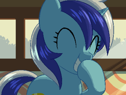 Size: 800x600 | Tagged: safe, artist:rangelost, minuette, pony, unicorn, cyoa:d20 pony, g4, eyes closed, female, indoors, laughing, laughingmares.jpg, mare, pixel art, smiling, solo, window