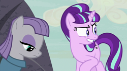 Size: 1920x1080 | Tagged: safe, screencap, maud pie, starlight glimmer, earth pony, pony, unicorn, g4, rock solid friendship, season 7, animation error, evil smile, female, grin, gritted teeth, mare, s5 starlight, smiling