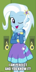 Size: 500x979 | Tagged: safe, edit, edited screencap, screencap, trixie, equestria girls, equestria girls specials, g4, my little pony equestria girls: better together, my little pony equestria girls: forgotten friendship, caption, clothes, image macro, imgflip, lockers, one eye closed, open mouth, skirt, smiling, talking, text, wink