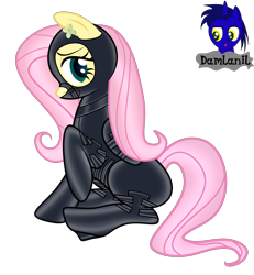 Size: 3840x4154 | Tagged: safe, artist:damlanil, fluttershy, pegasus, pony, g4, blushing, bondage, bondage mask, bound wings, catsuit, clothes, collar, commission, cute, cutie mark accessory, female, gag, gimp suit, high heels, hood, latex, latex suit, makeup, mare, muzzle gag, raised hoof, rubber, shiny, shiny mane, shoes, show accurate, shyabetes, simple background, sitting, solo, story, story included, transparent background, vector, wings