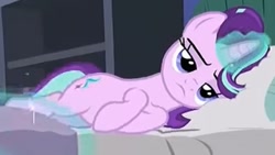 Size: 387x218 | Tagged: safe, edit, edited screencap, screencap, starlight glimmer, g4, rock solid friendship, bed, bedroom, cropped, lying down, pillow