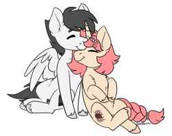 Size: 1201x950 | Tagged: safe, artist:cosmalumi, oc, oc only, oc:arcane word, oc:domino, pegasus, pony, unicorn, fanfic:friendship is optimal, cute, duo, eyes closed, female, male, nuzzling, simple background, smiling, spread wings, transparent background, wings