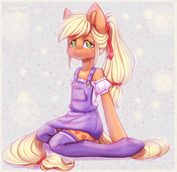 Size: 2576x2500 | Tagged: safe, artist:zefirka, applejack, earth pony, semi-anthro, g4, arm hooves, clothes, cute, ear fluff, freckles, high res, jackabetes, looking at you, off shoulder, overalls, sitting, solo, stockings, thigh highs