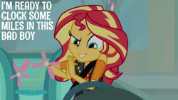 Size: 1280x720 | Tagged: safe, edit, edited screencap, editor:quoterific, screencap, sunset shimmer, driving miss shimmer, equestria girls, equestria girls series, g4, clothes, cutie mark, cutie mark on clothes, driving miss shimmer: fluttershy, female, fluttershy's car, jacket, jewelry, leather, leather jacket, necklace, seatbelt, smiling, solo, steering wheel