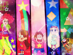 Size: 600x450 | Tagged: safe, artist:sunrisechocolateball, pinkie pie, gem (race), human, hybrid, friendship through the ages, g4, crossover, female, gravity falls, group, mabel pines, male, quintet, sparkly, star butterfly, star vs the forces of evil, steven quartz universe, steven universe, wallpaper, wander (wander over yonder), wander over yonder