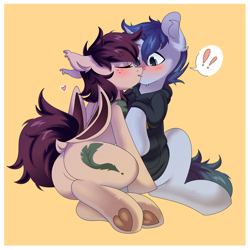 Size: 5500x5500 | Tagged: safe, artist:hk2309, oc, oc:slumber tea, oc:tesseract, bat pony, pony, unicorn, blushing, butt, clothes, commission, couple, cute, hoodie, kissing, looking at each other, love, oc x oc, shipping, simple background, sitting, slumberact, wholesome, ych result