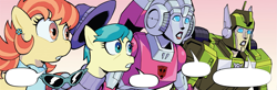 Size: 1889x623 | Tagged: safe, artist:caseycoller, edit, aunt holiday, auntie lofty, earth pony, pegasus, pony, g4, idw, the magic of cybertron, spoiler:comic, spoiler:the magic of cybertron01, arcee, autobot, female, greenlight, hat, lesbian, meme template, open mouth, reaction image, sunglasses, transformers, wide eyes