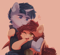 Size: 1820x1644 | Tagged: safe, artist:floweryoutoday, oc, oc:slumber tea, oc:tesseract, bat pony, pony, unicorn, blushing, clothes, commission, couple, cute, hoodie, hug, looking at each other, love, oc x oc, scarf, shipping, simple background, slumberact, standing, wholesome, ych result