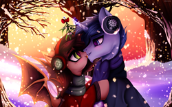 Size: 3995x2495 | Tagged: safe, artist:sinigam41, oc, oc only, oc:slumber tea, oc:tesseract, bat pony, pony, unicorn, g4, blushing, clothes, commission, couple, cute, ear warmers, forest background, high res, kissing, licking, licking lips, looking at each other, love, mistletoe, oc x oc, scarf, shipping, slumberact, snow, snowfall, standing, tongue out, wholesome, winter, winter coat