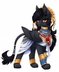 Size: 2480x3030 | Tagged: safe, artist:arctic-fox, oc, oc only, sphinx, bracelet, clothes, egyptian, egyptian headdress, egyptian pony, headdress, high res, jewelry, leonine tail, looking at you, paws, ring, simple background, solo, sphinx oc, standing, tail, tail ring, white background, wings