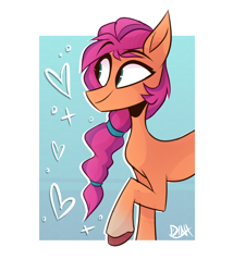 Size: 820x960 | Tagged: safe, artist:dinx-xyla, sunny starscout, earth pony, pony, g5, abstract background, braid, female, heart, mare, raised hoof, signature, smiling, solo, sparkles, unshorn fetlocks