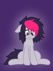 Size: 1123x1500 | Tagged: safe, artist:froyo15sugarblast, oc, oc only, oc:miss eri, earth pony, pony, black and red mane, dark circles, emo, eye clipping through hair, fanart, female, floppy ears, gradient background, looking down, mare, sad, sitting, solo, two toned mane