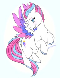 Size: 900x1159 | Tagged: safe, artist:dustedpeach, zipp storm, pegasus, pony, g5, colored wings, feathered wings, female, flying, mare, multicolored wings, raised hoof, signature, smiling, solo, spread wings, unshorn fetlocks, wings