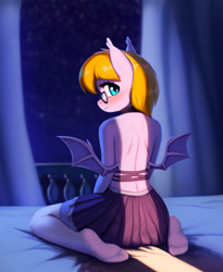 Size: 1900x2318 | Tagged: safe, artist:mrscroup, oc, oc only, oc:ember eclipse, bat pony, anthro, plantigrade anthro, bat pony oc, blushing, clothes, female, glasses, high res, indoors, looking back, skirt, solo, wings