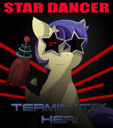 Size: 2589x2929 | Tagged: safe, artist:darkhooves, derpibooru exclusive, star dancer, earth pony, pony, art pack:not a space pony, g4, clothes, dexterous hooves, female, gloves, hairpin, high res, implied pinkie pie, mare, movie poster, ray gun, raygun, serious, serious face, short mane, solo, star dancer appreciation collab, sunglasses, terminator, text, the terminator