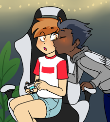 Size: 991x1098 | Tagged: safe, artist:/d/non, button mash, rumble, human, blushing, chair, cheek kiss, clothes, commission, controller, dark skin, denim shorts, eyebrows, eyebrows visible through hair, eyes closed, gaming chair, gay, hoodie, humanized, indoors, jeans, kissing, male, older, older button mash, older rumble, open mouth, pants, patreon, patreon reward, plant, playstation, playstation 5, ps5, rumblemash, shipping, shirt, shorts, sitting, t-shirt, winged humanization, wings
