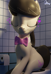 Size: 1320x1920 | Tagged: safe, artist:quicktimepony, octavia melody, earth pony, pony, g4, 3d, bathroom, blender, bowtie, but why, eyes closed, female, fetish, happy, heart, implied pooping, implied scat, implied watersports, mare, relief, signature, sitting, sitting on toilet, solo, taking a dump, toilet, toilet paper, toilet paper roll