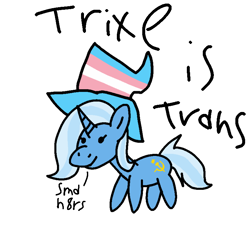 Size: 768x768 | Tagged: safe, anonymous artist, trixie, pony, unicorn, g4, 1000 hours in ms paint, clothes, communism, facts, hat, headcanon, implied futa, lgbt headcanon, pride, pride flag, simple background, solo, text, trans rights, trans trixie, transgender, transgender pride flag, trixie's hat, white background, wizard