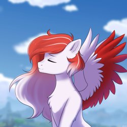 Size: 1920x1920 | Tagged: safe, artist:alunedoodle, oc, oc only, oc:making amends, pegasus, pony, colored wings, commission, eyes closed, female, mare, pegasus oc, sky, smiling, solo, spread wings, two toned wings, wings, ych result