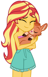 Size: 1024x1645 | Tagged: safe, artist:emeraldblast63, sunset shimmer, goat, equestria girls, equestria girls specials, g4, my little pony equestria girls: better together, my little pony equestria girls: spring breakdown, bare shoulders, clothes, clothes swap, cute, ecstasy, eyes closed, female, hug, long hair, multicolored hair, shimmerbetes, shorts, simple background, sleeveless, smiling, solo, transparent background