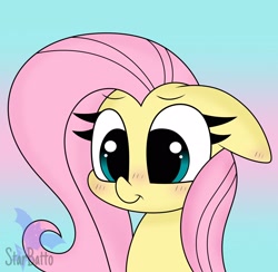 Size: 2048x1998 | Tagged: safe, artist:starbatto, fluttershy, pegasus, pony, g4, blushing, bust, cute, female, floppy ears, gradient background, high res, mare, portrait, shyabetes, smiling, solo, three quarter view