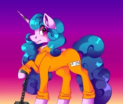 Size: 1080x915 | Tagged: safe, artist:tessa_key_, izzy moonbow, pony, unicorn, g5, chained, chains, clothes, female, horn, horn ring, jumpsuit, magic suppression, mare, prison outfit, prisoner, prisoner im, raised hoof, ring, shackles, shading, solo