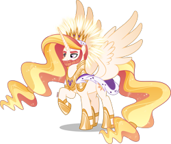 Size: 4000x3356 | Tagged: safe, artist:orin331, princess celestia, alicorn, pony, g4, armor, beard, cape, clothes, crown, ethereal mane, facial hair, hair tie, halo, high res, horn, jewelry, male, prince solaris, raised hoof, redesign, regalia, rule 63, simple background, stallion, transparent background, wings