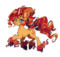 Size: 2048x1956 | Tagged: safe, artist:_psiionix_, sunset shimmer, pony, unicorn, g4, alternate mane, curved horn, dock, female, horn, looking at you, mare, simple background, smiling, solo, unshorn fetlocks, white background