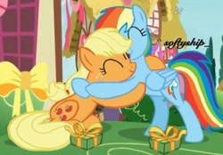 Size: 535x373 | Tagged: safe, artist:soflyship, edit, edited screencap, screencap, applejack, rainbow dash, earth pony, pegasus, pony, g4, the break up breakdown, bipedal, character swap, eyes closed, female, hug, lesbian, present, ship:appledash, shipping