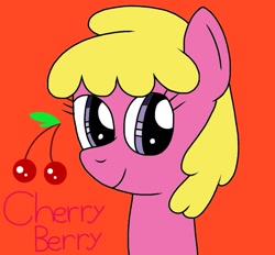 Size: 753x698 | Tagged: safe, artist:hickeryofrick, cherry berry, earth pony, pony, g4, background pony, cherry, cutie mark, female, food, mare, orange background, signature, simple background, smiling, solo