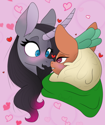 Size: 1084x1286 | Tagged: safe, artist:deacoti, cashmere (tfh), oleander (tfh), classical unicorn, deer, pony, reindeer, unicorn, them's fightin' herds, awwleander, blushing, boop, bust, cashleander, clothes, community related, curved horn, cute, floating heart, glasses, grin, heart, heart eyes, horn, imminent kissing, lidded eyes, looking at each other, noseboop, pink background, scarf, shipping, simple background, smiling, wavy mouth, wide eyes, wingding eyes