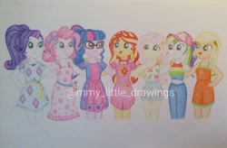 Size: 1080x707 | Tagged: safe, artist:mmy_little_drawings, applejack, fluttershy, pinkie pie, rainbow dash, rarity, sci-twi, sunset shimmer, twilight sparkle, equestria girls, g4, i'm on a yacht, spoiler:eqg series (season 2), clothes, dress, female, glasses, hat, humane five, humane seven, humane six, sleeveless, smiling, traditional art, watermark