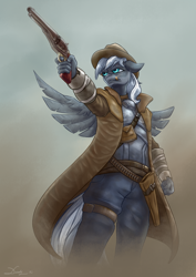 Size: 2480x3508 | Tagged: safe, artist:dandy, oc, oc only, pegasus, anthro, armor, chestplate, cigar, clothes, commission, duster, fallout, floppy ears, gun, hat, high res, male, pants, simple background, solo, weapon