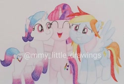 Size: 1080x729 | Tagged: safe, artist:mmy_little_drawings, oc, oc only, pegasus, pony, unicorn, :d, ear piercing, earring, eyelashes, eyes closed, female, grin, horn, jewelry, mare, not rainbow dash, pegasus oc, piercing, side hug, smiling, traditional art, unicorn oc, watermark, wings